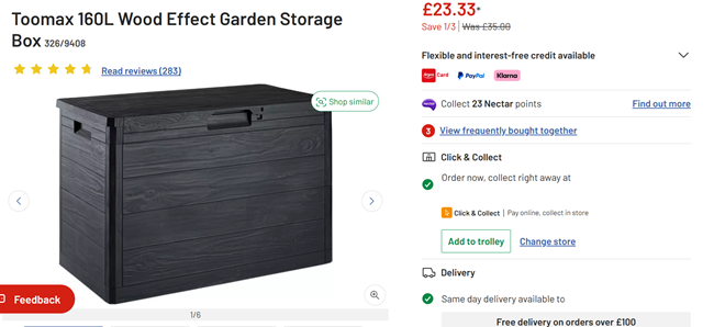 Screenshot showing Toomax 160L Wood Effect Garden Storage Box for £23.33 at Argos