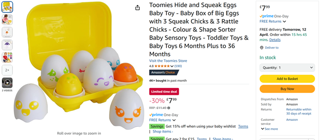 Screenshot showing Tomy Toomies Hide and Squeak Eggs Baby Toy for £7.99 at Amazon