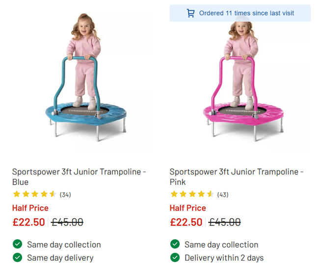 Screenshot showing Sportspower 3ft Junior Trampoline for £22.50 at Argos