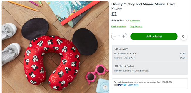 Screenshot showing Disney Mickey and Minnie Mouse Travel Pillow for £2 at Dunelm
