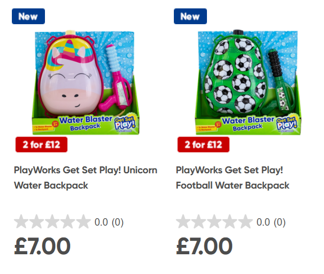 Screenshot showing PlayWorks Get Set Play! Unicorn or Football Water Blaster Backpack £7 or 2 for £12 at The Works