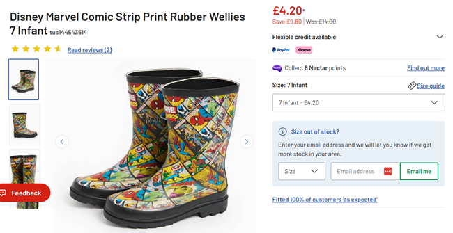 Screenshot showing Disney Marvel Comic Strip Print Rubber Wellies for £4.20 at Argos