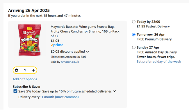 Screenshot showing Maynards Bassetts Wine Gums 165g for £1.03 at Amazon