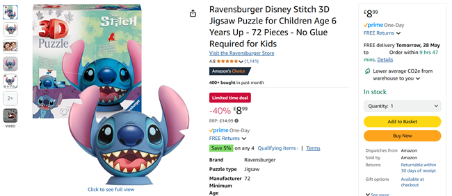 Screenshot showing Ravensburger Disney Stitch 3D Jigsaw Puzzle for £8.99 at Amazon