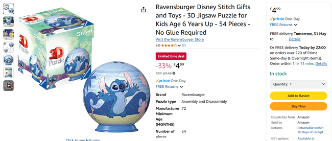 Screenshot showing Ravensburger Disney Lilo & Stitch 3D Jigsaw Puzzle for £4.99 at Amazon