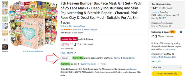 Screenshot showing 7th Heaven Bumper Box Face Mask Gift Set at Amazon