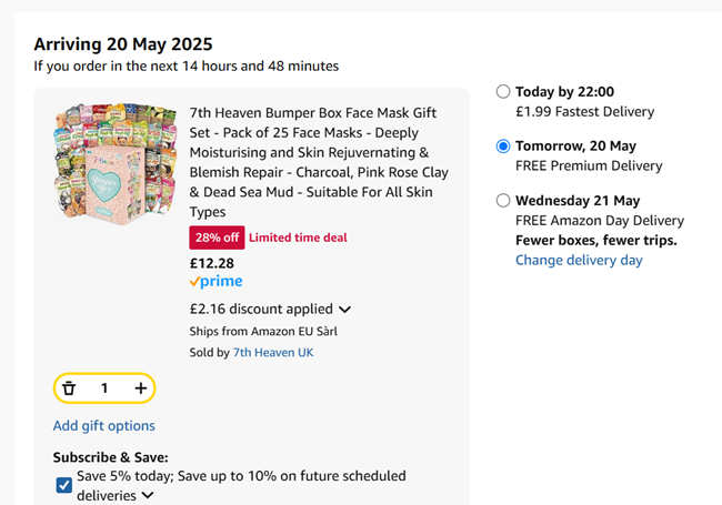 Screenshot showing 7th Heaven Bumper Box Face Mask Gift Set - Pack of 25 Face Masks for £12.28 at Amazon / 7th Heaven