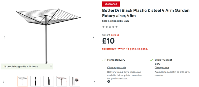 Screenshot showing BetterDri Black Plastic & Steel 4 Arm Garden Rotary Airer, 45m for £10 at B&Q