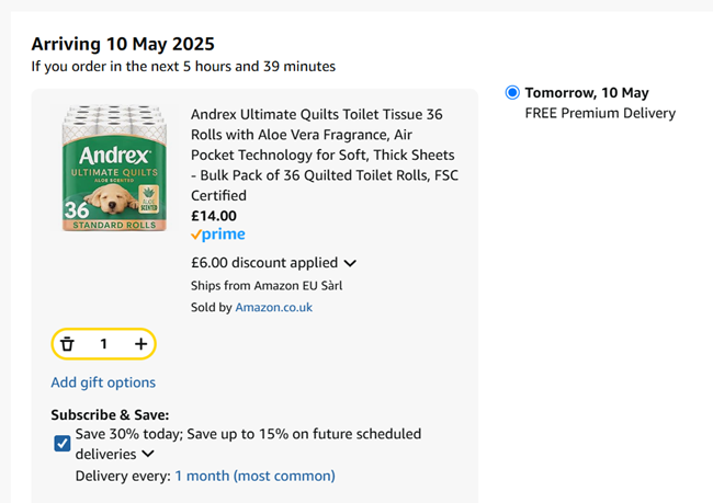 Screenshot showing Andrex Ultimate Quilts Toilet Tissue 36 Rolls with Aloe Vera Fragrance for £14 at Amazon