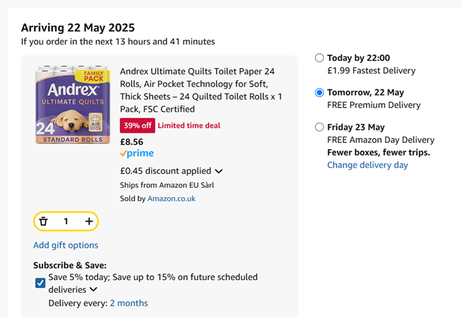 Screenshot showing Andrex Ultimate Quilts Toilet Paper 24 Rolls for £8.56 at Amazon