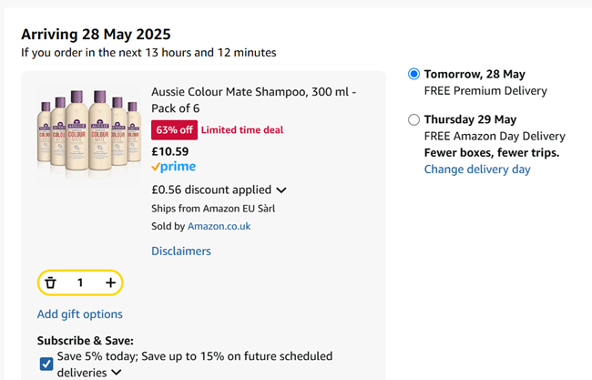 Screenshot showing Aussie Colour Mate Shampoo 300ml Pack of 6 for £10.59 at Amazon
