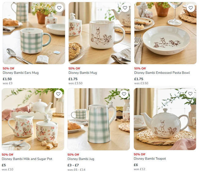 Screenshot showing 50% off selected Disney Bambi Dining & Tableware at Dunelm