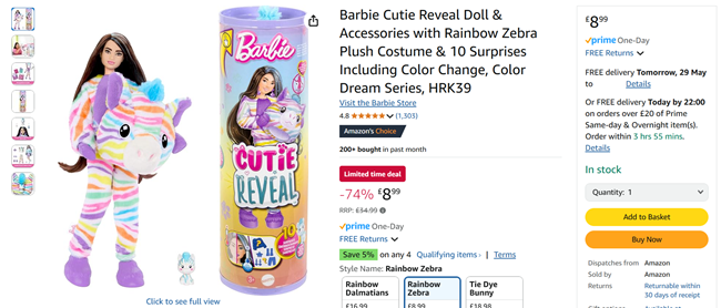 Screenshot showing reduced Barbie doll at Amazon