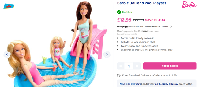 Screenshot showing Barbie Doll and Pool Playset for £12.99 at Bargain Max