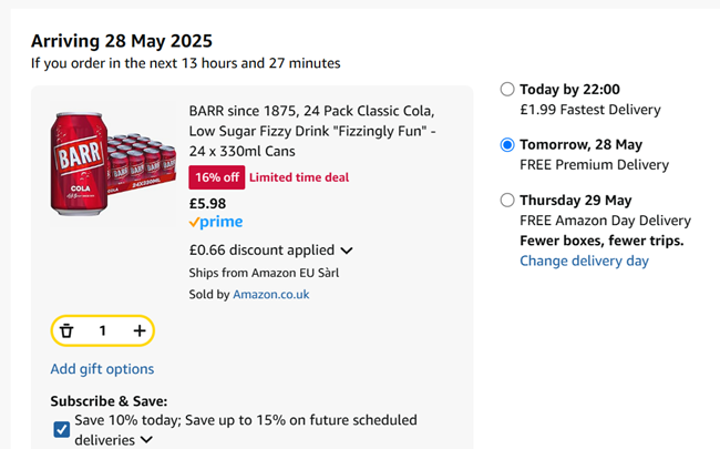 Screenshot showing BARR Classic Cola 24 x 330ml Cans for £5.98 at Amazon