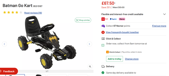 Screenshot showing Batman Go Kart for £67.50 at Argos