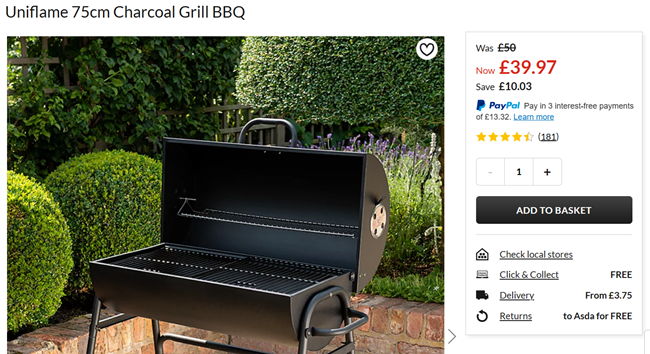 Screenshot showing Uniflame 75cm Charcoal Grill BBQ for £39.97 at Asda George