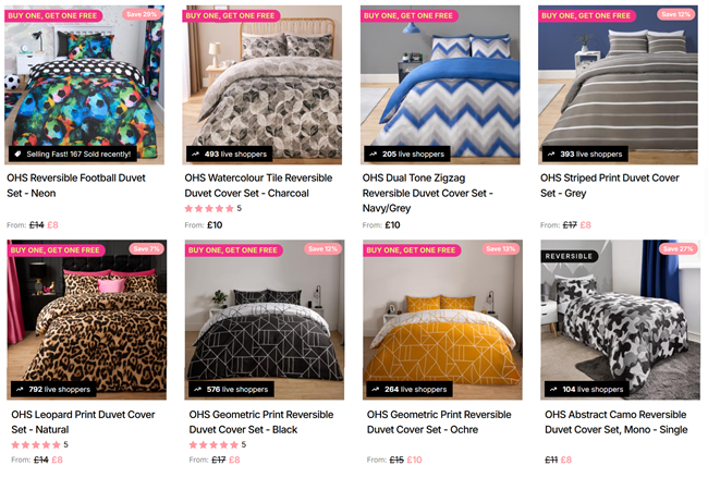 Screenshot showing Buy One Get One Free on selected Bedding at Online Home Shop