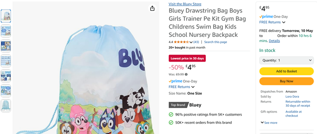 Screenshot showing Bluey Drawstring Gym Bag for £4.95 at Amazon / Lora Dora