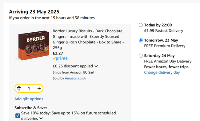 Screenshot showing Border Luxury Biscuits Dark Chocolate Gingers 255g for £2.27 at Amazon