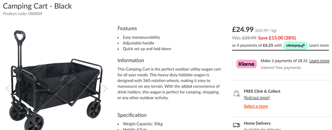 Screenshot showing Camping Cart for £24.99 at The Range
