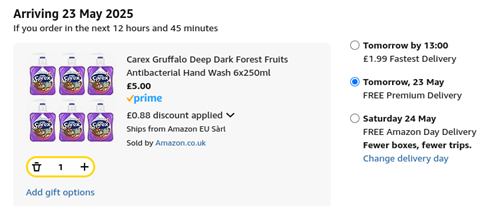 Screenshot showing Carex Gruffalo Deep Dark Forest Fruits Antibacterial Hand Wash 6 x 250ml for £5 at Amazon