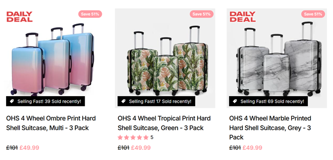 Screenshot showing Daily Deal: 4 Wheel Hard Shell Suitcase 3 Pack for £49.99 at Online Home Shop