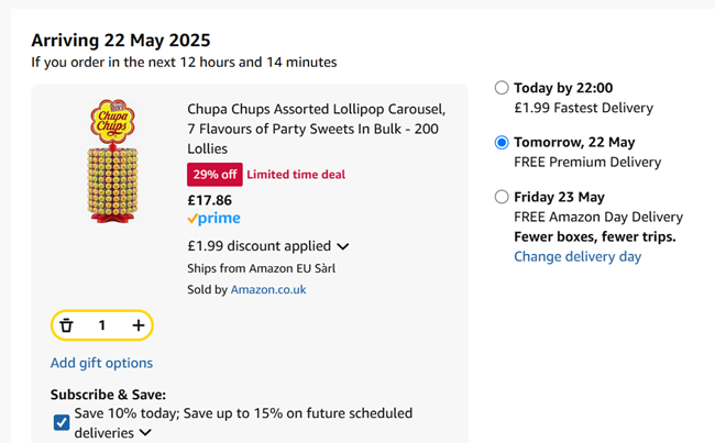 Screenshot showing Chupa Chups 200 Assorted Lollipop Carousel for £17.86 at Amazon