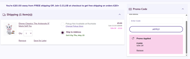 Screenshot showing Disney Marie Plush Toy for £5 with code at Claire's