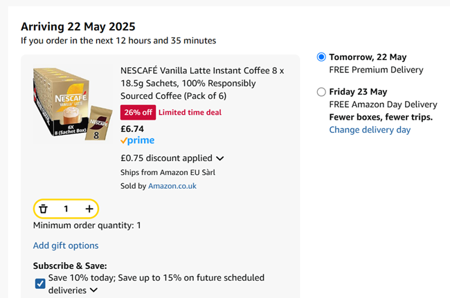 Screenshot showing Nescafe Vanilla Latte Instant Coffee 8 x 18.5g Sachets (Pack of 6) for £6.74 at Amazon