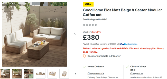 Screenshot showing GoodHome Elos Matt Beige 4 Seater Modular Coffee Set for £380 at B&Q