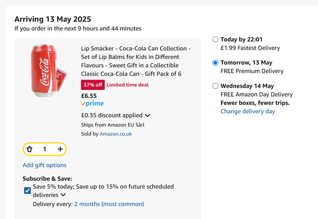 Screenshot showing Lip Smacker Coca-Cola Can Collection for £6.55 at Amazon