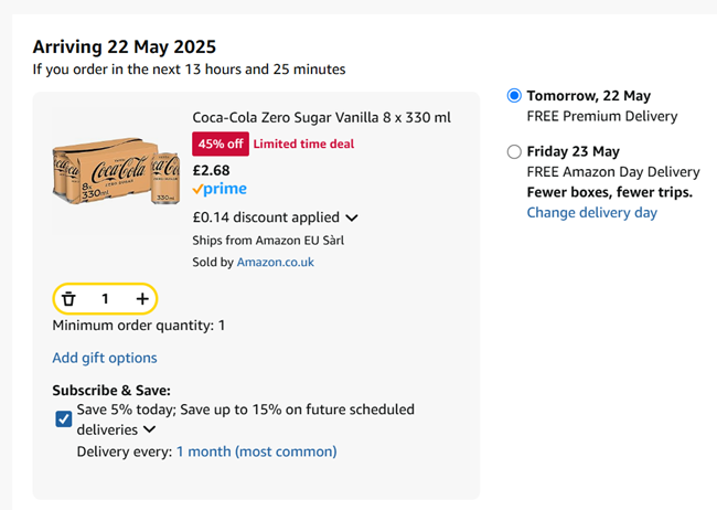 Screenshot showing Coca-Cola Zero Sugar Vanilla 8 x 330 ml for £2.68 at Amazon