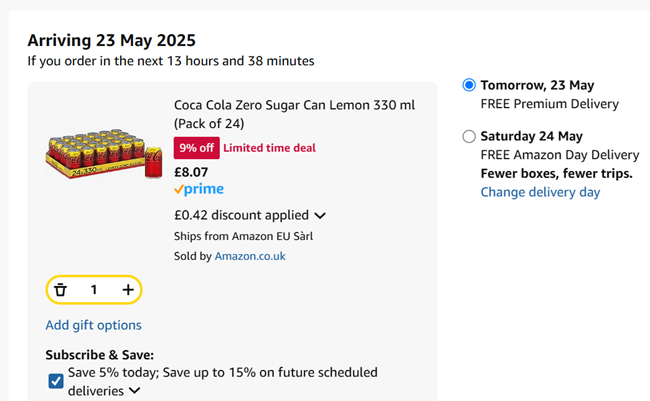 Screenshot showing Coca Cola Zero Sugar Can Lemon 330 ml (Pack of 24) for £8.07 at Amazon