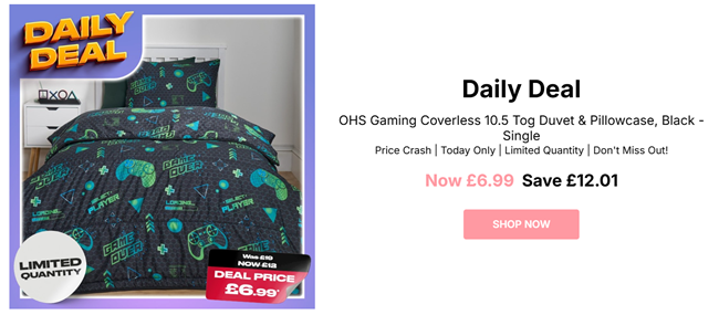 Screenshot showing OHS Gaming Coverless 10.5 Tog Duvet & Pillowcase Single for £6.99 at Online Home Shop