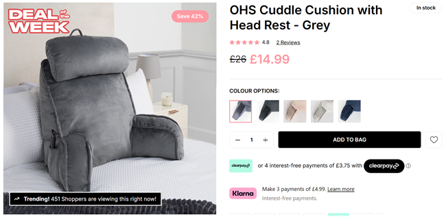 Screenshot showing Deal Of The Week: Cuddle Cushion with Head Rest for £14.99 at Online Home Shop