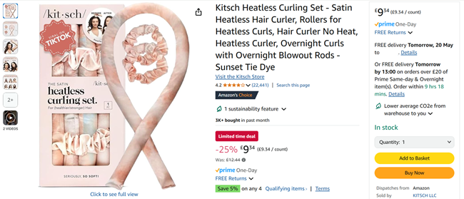 Screenshot showing Kitsch Satin Heatless Curling Set for £9.34 at Amazon seller KITSCH LLC
