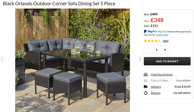 Screenshot showing Black Orlando Outdoor Corner Sofa Dining Set 5 Piece for £348 at Asda George