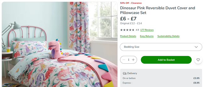 Screenshot showing Dinosaur Pink Reversible Duvet Cover and Pillowcase Set from £6 at Dunelm