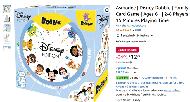Screenshot showing Disney Dobble Family Card Game for £12.90 at Amazon
