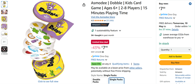 Screenshot showing Dobble Card Game for £7.99 at Amazon