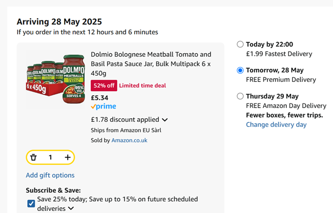 Screenshot showing Dolmio Bolognese Meatball Tomato and Basil Pasta Sauce Jar, Bulk Multipack 6 x 450g for £5.34 at Amazon