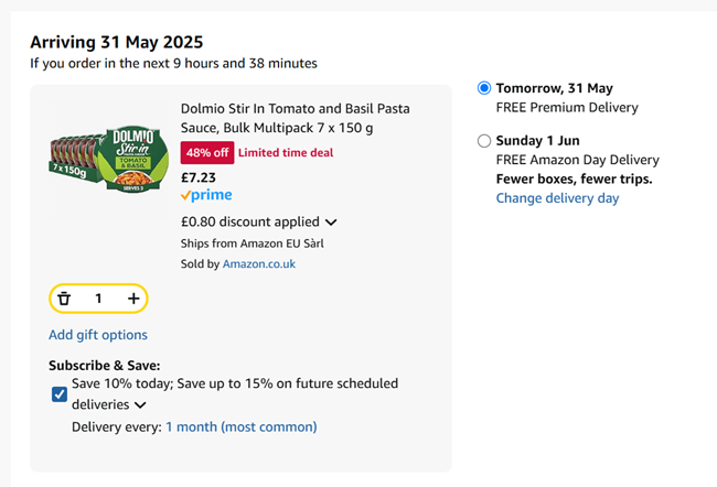 Screenshot showing Dolmio Stir In Pasta Sauce, Bulk Multipack 7 x 150g for £7.23 at Amazon