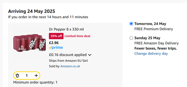 Screenshot showing Dr Pepper 8 x 330ml Cans for £2.96 at Amazon