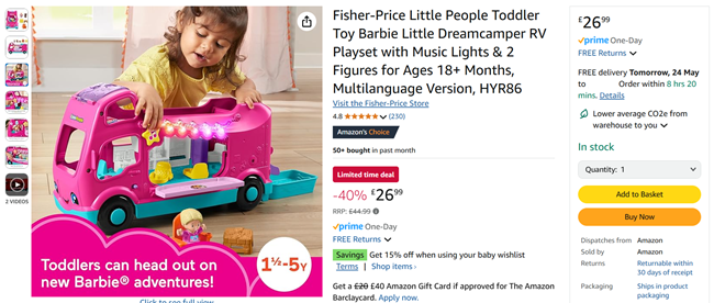 Screenshot showing Fisher-Price Little People Barbie Little Dreamcamper RV Playset for £26.99 at Amazon