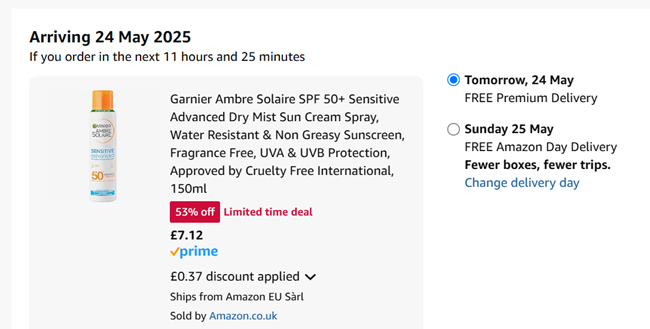 Screenshot showing Garnier Ambre Solaire SPF 50+ Sensitive Advanced Dry Mist Sun Cream Spray 150ml for £7.12 at Amazon