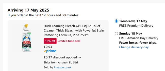 Screenshot showing Duck Foaming Bleach Gel Liquid Toilet Cleaner Pine 750ml for 93p at Amazon