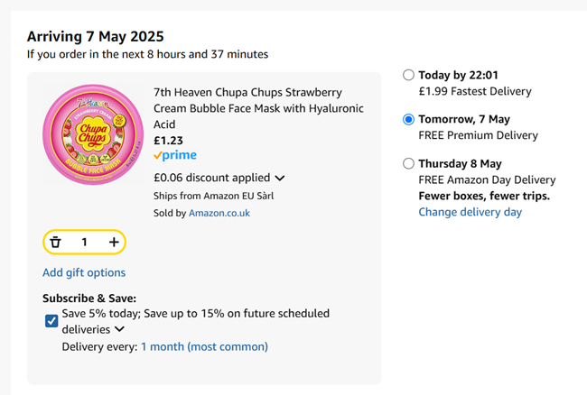 Screenshot showing 7th Heaven Chupa Chups Face Masks for £1.23 at Amazon