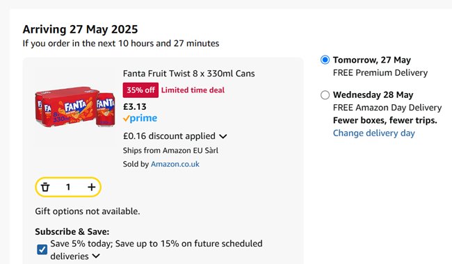 Screenshot showing Fanta Fruit Twist 8 x 330ml Cans for £3.13 at Amazon