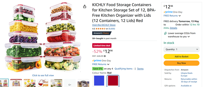 Screenshot showing 12 x Food Storage Containers With Lids for £12.98 at Amazon / Utopia Deals Europe